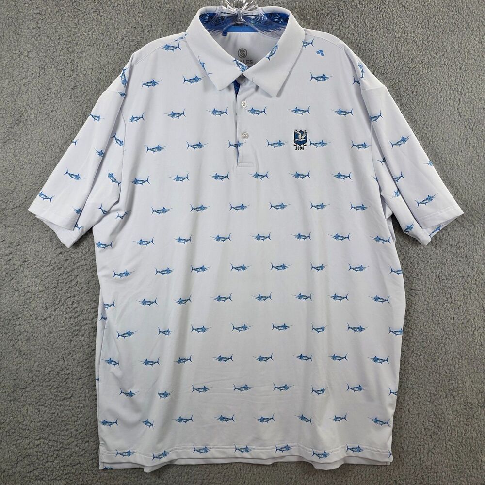 Scales Gear Polo Shirt Men's White Blue Swordfish Marlin Golf Size XL